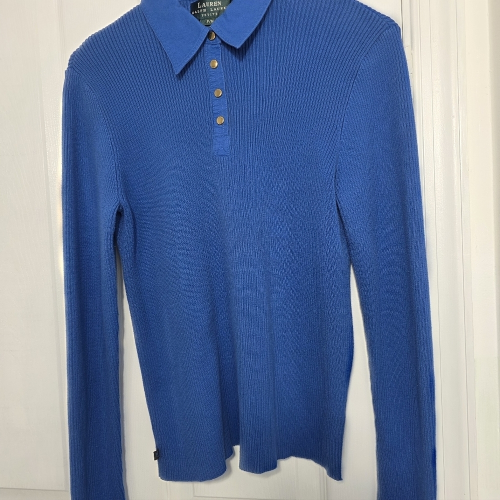 Lauren Ralph Lauren Ribbed Long Sleeves Polo Knit Blue Women's Sweater Size PM - Picture 3 of 7